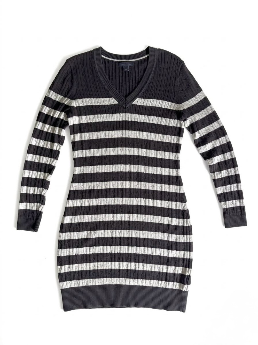 Tommy Hilfiger Cable Knit Striped Jumper Bodycon Sweater Dress M Preppy Academia